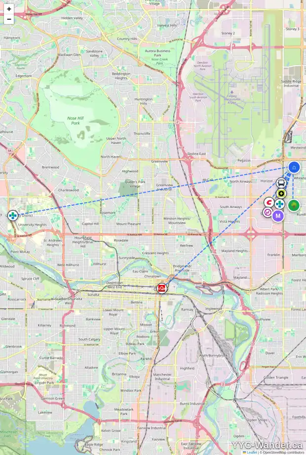 Daily accessibility map for 32 WHITEHAVEN CR NE, Calgary showing nearby schools, grocery stores, parks, LRT stations and nearby amenities