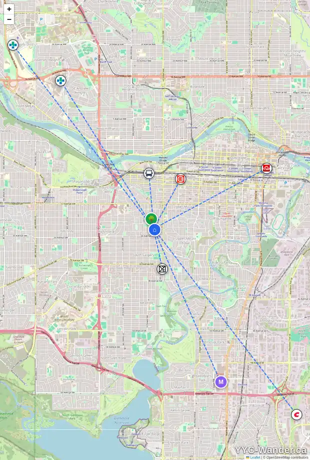 Daily accessibility map for 2507 15A ST SW, Calgary showing nearby schools, grocery stores, parks, LRT stations and nearby amenities
