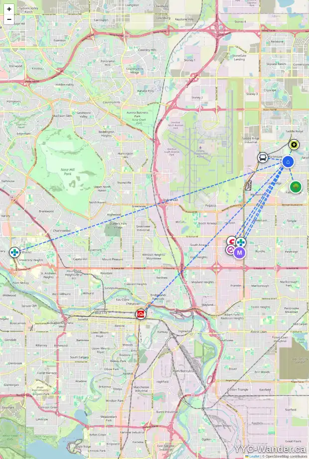 Daily accessibility map for 63 MARTINWOOD RD NE, Calgary showing nearby schools, grocery stores, parks, LRT stations and nearby amenities