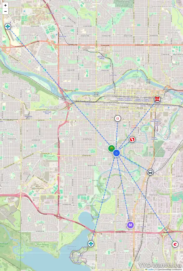 Daily accessibility map for 3238 8 ST SW, Calgary showing nearby schools, grocery stores, parks, LRT stations and nearby amenities