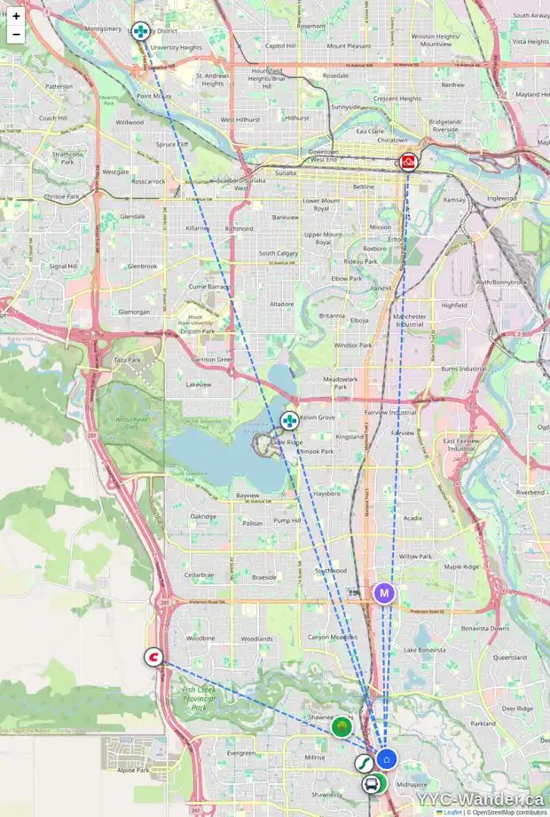 Daily accessibility map for 15244 1 ST SE, Calgary showing nearby schools, grocery stores, parks, LRT stations and nearby amenities
