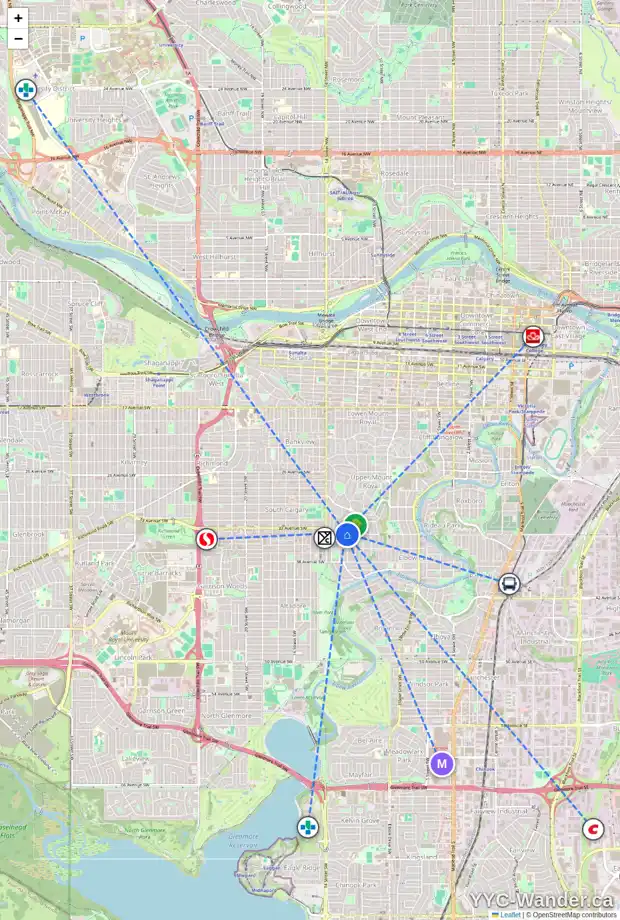 Daily accessibility map for 1302 34 AV SW, Calgary showing nearby schools, grocery stores, parks, LRT stations and nearby amenities