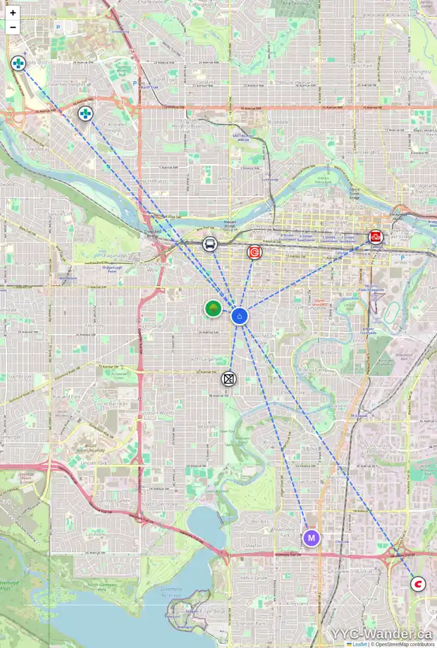 Daily accessibility map for 2222 13 ST SW, Calgary showing nearby schools, grocery stores, parks, LRT stations and nearby amenities
