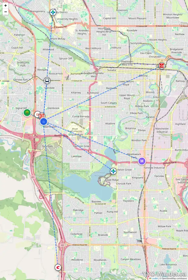 Daily accessibility map for 4856 GLAMORGAN WY SW, Calgary showing nearby schools, grocery stores, parks, LRT stations and nearby amenities