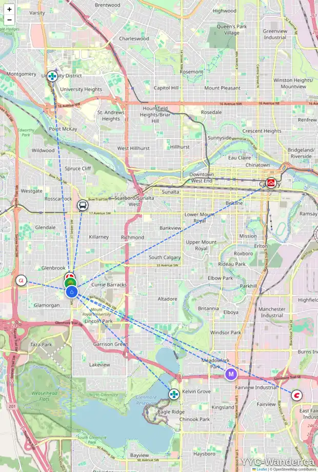 Daily accessibility map for 4209 37 ST SW, Calgary showing nearby schools, grocery stores, parks, LRT stations and nearby amenities