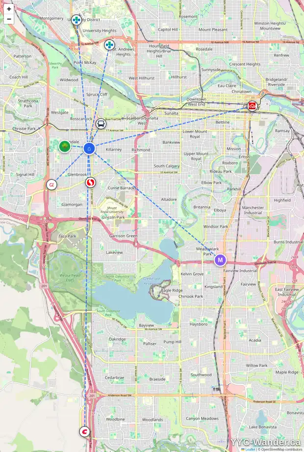 Daily accessibility map for 11 KELWOOD PL SW, Calgary showing nearby schools, grocery stores, parks, LRT stations and nearby amenities