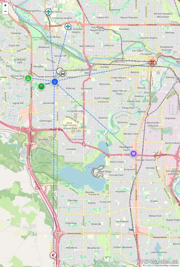 Daily accessibility map for 3924 GLENWOOD AV SW, Calgary showing nearby schools, grocery stores, parks, LRT stations and nearby amenities