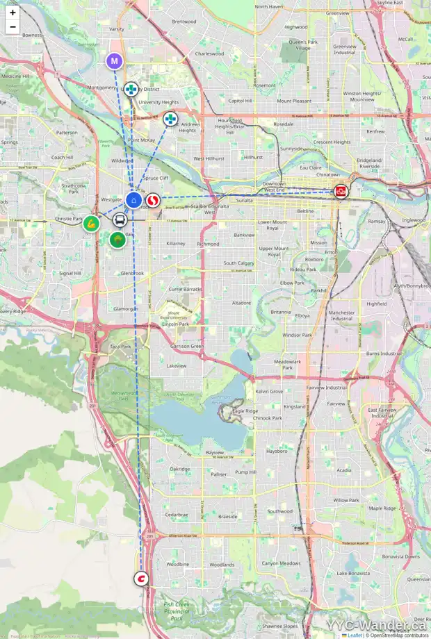 Daily accessibility map for 929 42 ST SW, Calgary showing nearby schools, grocery stores, parks, LRT stations and nearby amenities