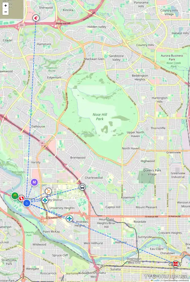 Daily accessibility map for 4734 17 AV NW, Calgary showing nearby schools, grocery stores, parks, LRT stations and nearby amenities