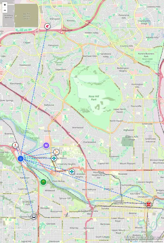 Daily accessibility map for 1021 SHORT RD NW, Calgary showing nearby schools, grocery stores, parks, LRT stations and nearby amenities