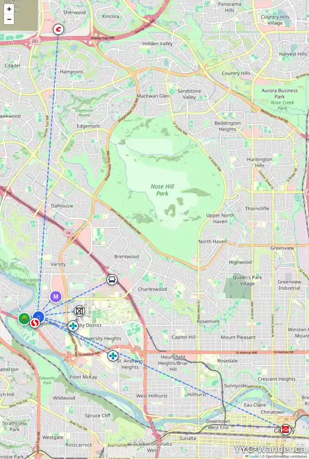 Daily accessibility map for 5107 19 AV NW, Calgary showing nearby schools, grocery stores, parks, LRT stations and nearby amenities