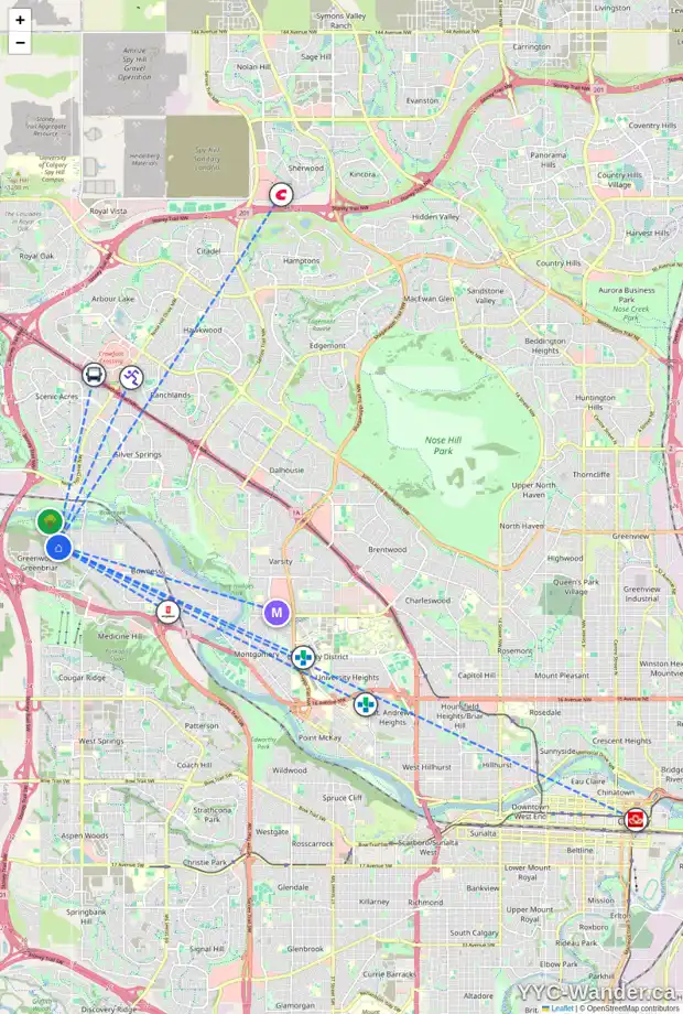 Daily accessibility map for 8844 33 AV NW, Calgary showing nearby schools, grocery stores, parks, LRT stations and nearby amenities