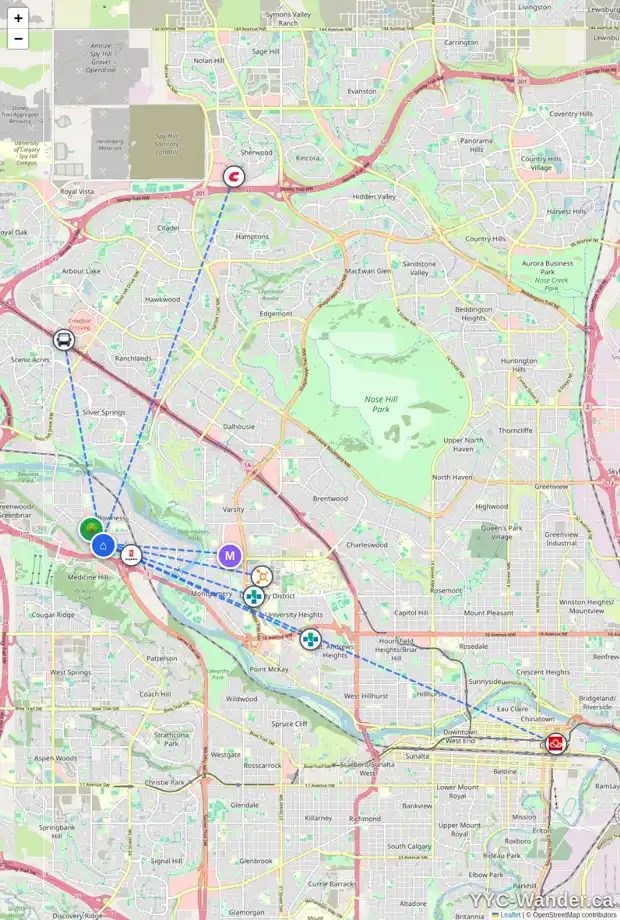 Daily accessibility map for 7521 35 AV NW, Calgary showing nearby schools, grocery stores, parks, LRT stations and nearby amenities
