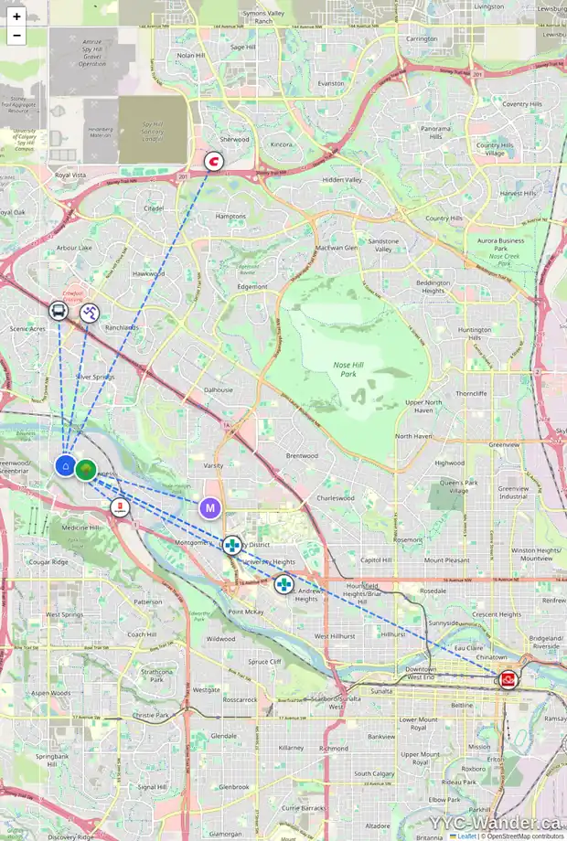 Daily accessibility map for 8316 43 AV NW, Calgary showing nearby schools, grocery stores, parks, LRT stations and nearby amenities