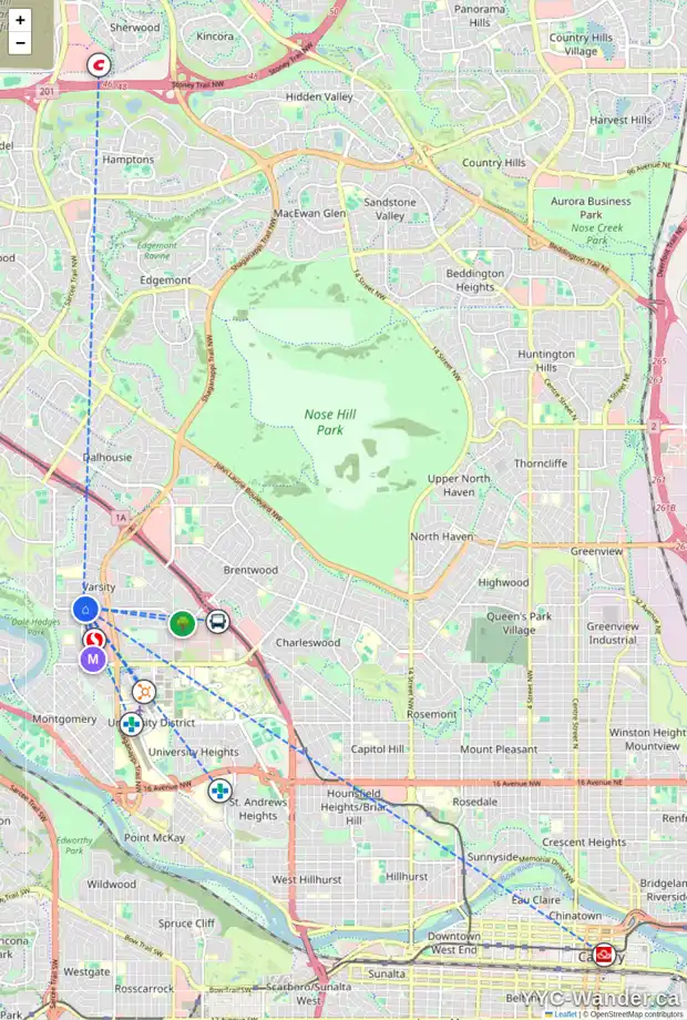 Daily accessibility map for 4103 49 ST NW, Calgary showing nearby schools, grocery stores, parks, LRT stations and nearby amenities