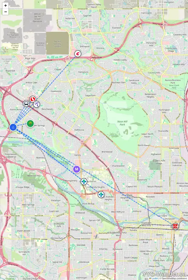 Daily accessibility map for 152 SCENIC RIDGE CR NW, Calgary showing nearby schools, grocery stores, parks, LRT stations and nearby amenities