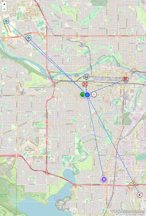 Daily accessibility map for 1104 16 AV SW, Calgary showing nearby schools, grocery stores, parks, LRT stations and nearby amenities