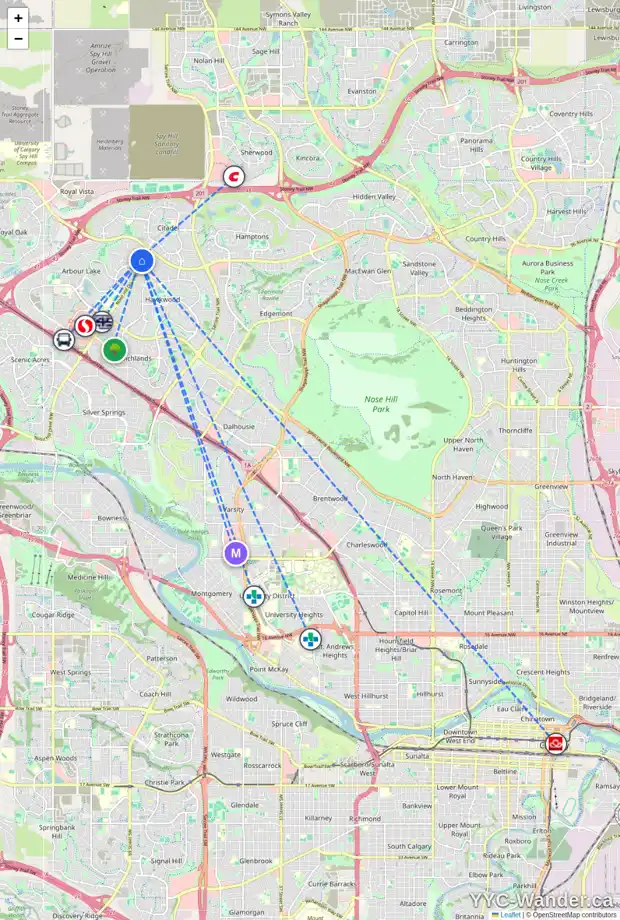 Daily accessibility map for 52 ARBOUR RIDGE ME NW, Calgary showing nearby schools, grocery stores, parks, LRT stations and nearby amenities