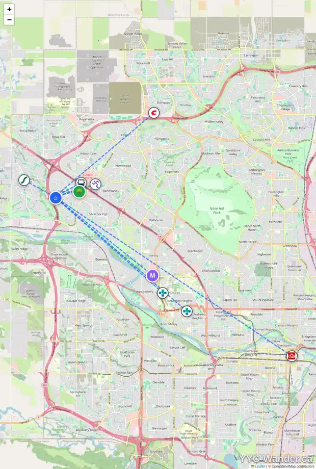 Daily accessibility map for 163 SCEPTRE CL NW, Calgary showing nearby schools, grocery stores, parks, LRT stations and nearby amenities