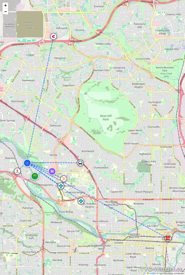Daily accessibility map for 6406 BOW CR NW, Calgary showing nearby schools, grocery stores, parks, LRT stations and nearby amenities