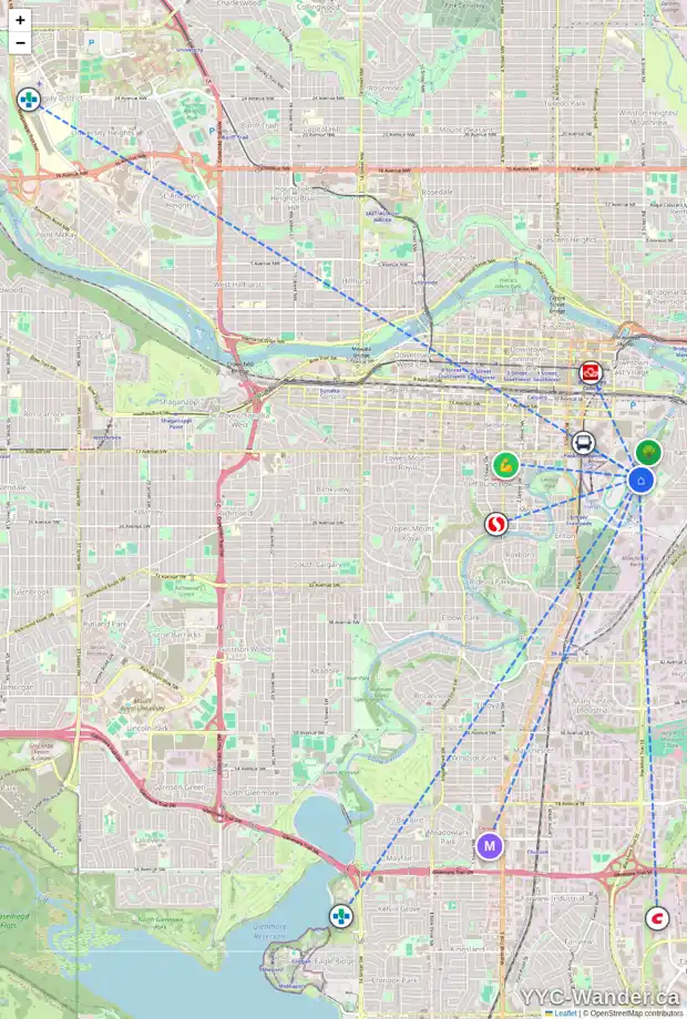 Daily accessibility map for 1921 6 ST SE, Calgary showing nearby schools, grocery stores, parks, LRT stations and nearby amenities