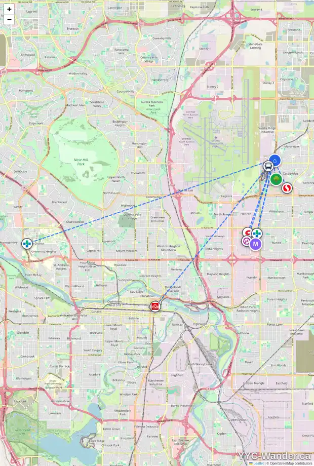Daily accessibility map for 32 MARTINGLEN ME NE, Calgary showing nearby schools, grocery stores, parks, LRT stations and nearby amenities