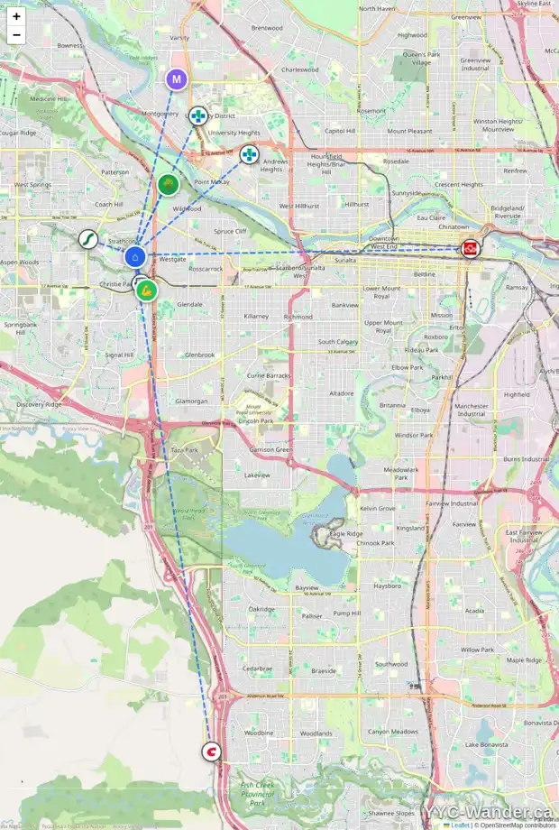 Daily accessibility map for 2 118 STRATHCONA RD SW, Calgary showing nearby schools, grocery stores, parks, LRT stations and nearby amenities