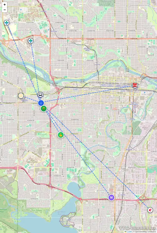Daily accessibility map for 102 2718 17 AV SW, Calgary showing nearby schools, grocery stores, parks, LRT stations and nearby amenities