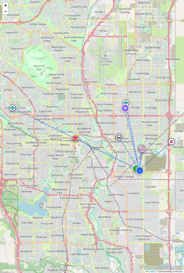 Daily accessibility map for 7 ERIN LI SE, Calgary showing nearby schools, grocery stores, parks, LRT stations and nearby amenities