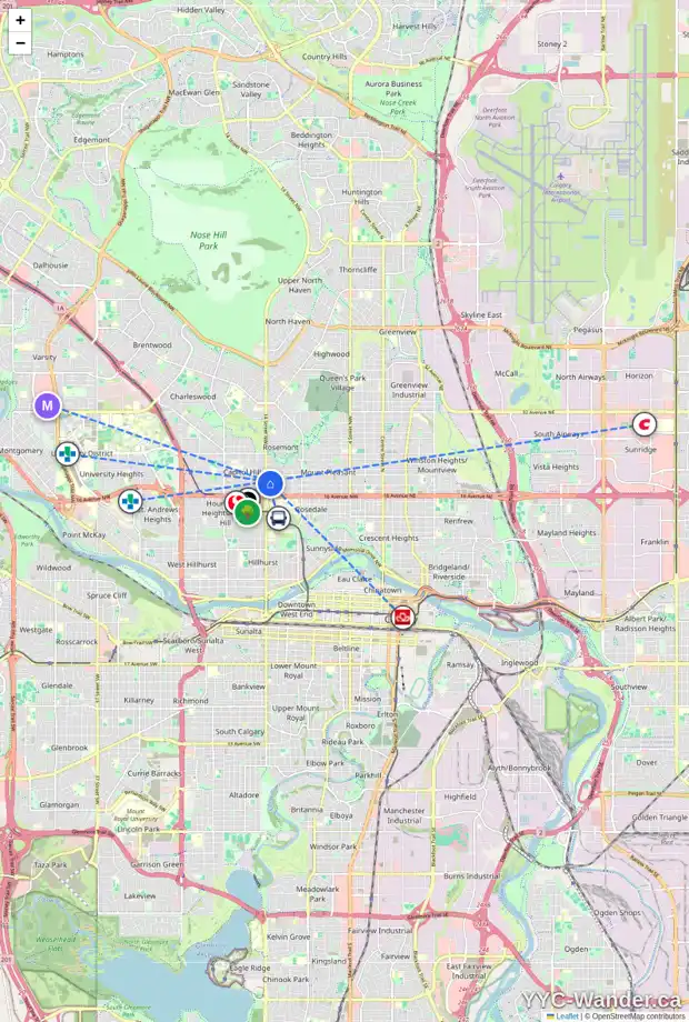 Daily accessibility map for 1433 19 AV NW, Calgary showing nearby schools, grocery stores, parks, LRT stations and nearby amenities