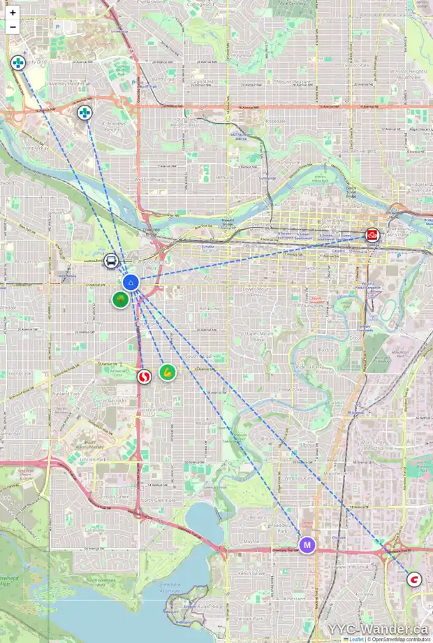 Daily accessibility map for 1736 25 ST SW, Calgary showing nearby schools, grocery stores, parks, LRT stations and nearby amenities