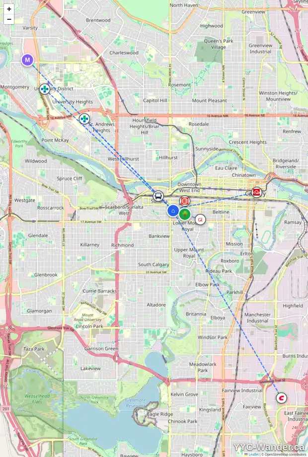 Daily accessibility map for 210 1337 13 AV SW, Calgary showing nearby schools, grocery stores, parks, LRT stations and nearby amenities