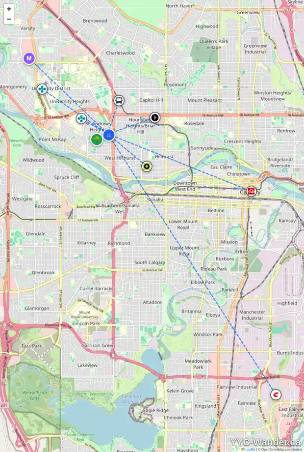 Daily accessibility map for 2513 12 AV NW, Calgary showing nearby schools, grocery stores, parks, LRT stations and nearby amenities