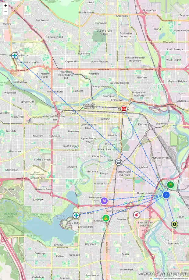 Daily accessibility map for 15 LYNNVIEW CO SE, Calgary showing nearby schools, grocery stores, parks, LRT stations and nearby amenities