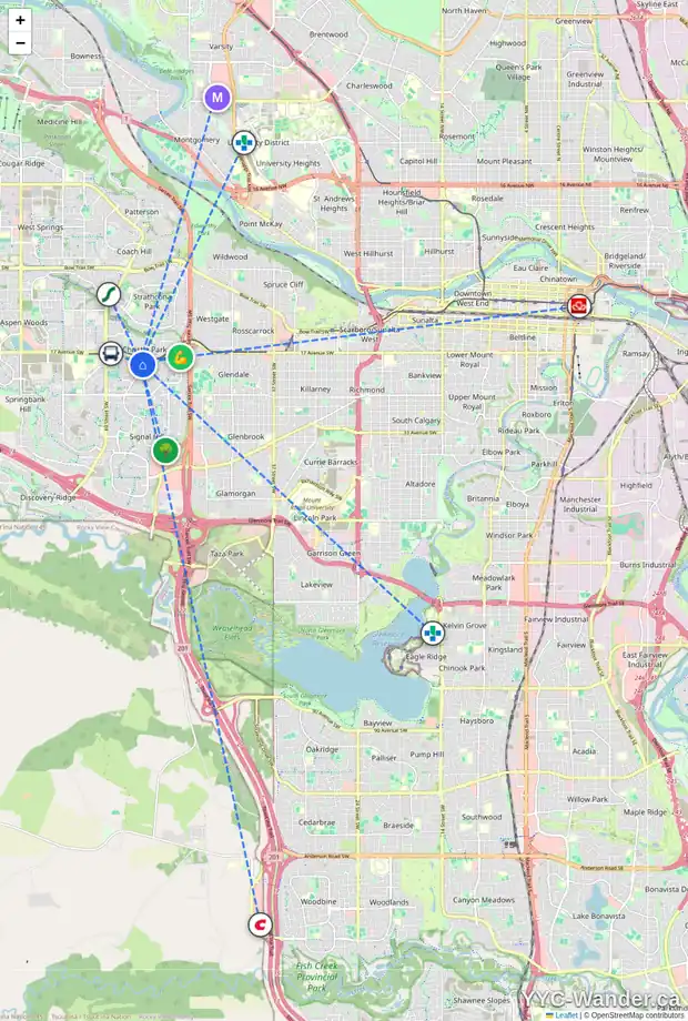 Daily accessibility map for 1114 1818 SIMCOE BV SW, Calgary showing nearby schools, grocery stores, parks, LRT stations and nearby amenities