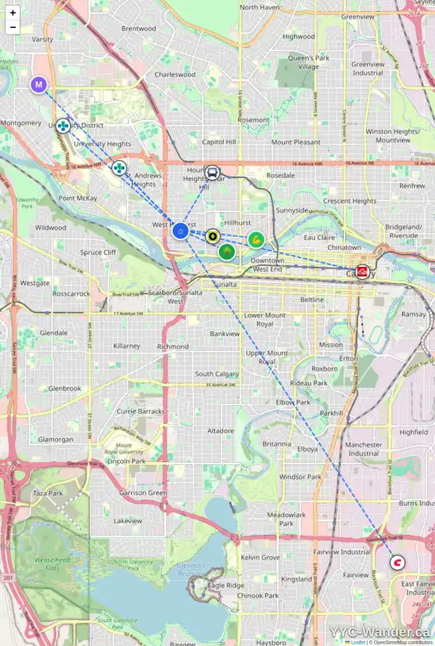 Daily accessibility map for 2309 2 AV NW, Calgary showing nearby schools, grocery stores, parks, LRT stations and nearby amenities