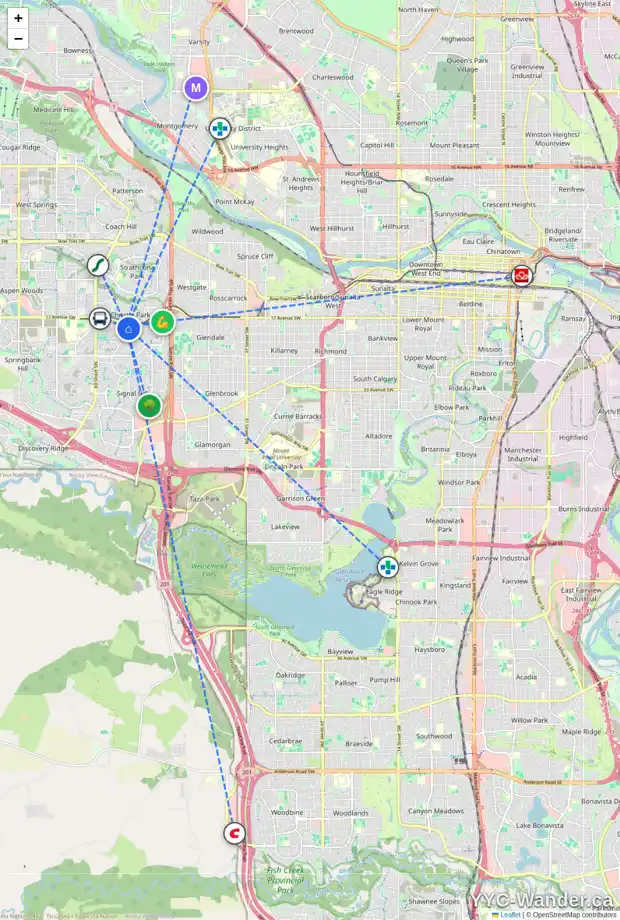 Daily accessibility map for 1322 1818 SIMCOE BV SW, Calgary showing nearby schools, grocery stores, parks, LRT stations and nearby amenities