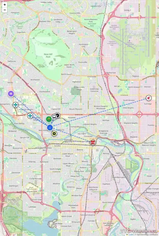 Daily accessibility map for 2118 5 AV NW, Calgary showing nearby schools, grocery stores, parks, LRT stations and nearby amenities