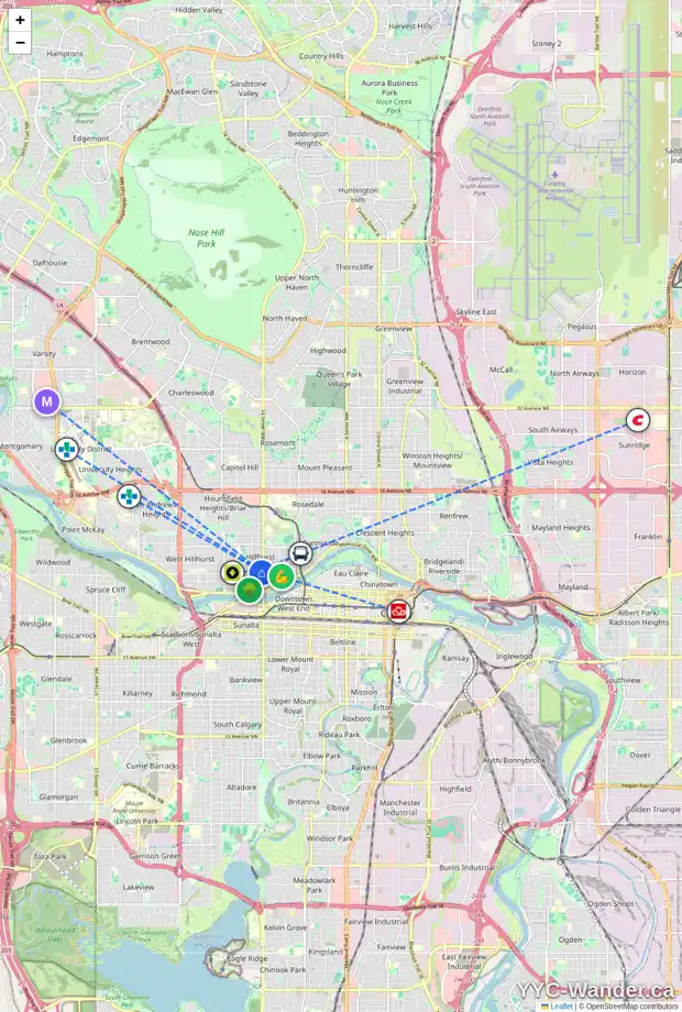 Daily accessibility map for 112 15 ST NW, Calgary showing nearby schools, grocery stores, parks, LRT stations and nearby amenities