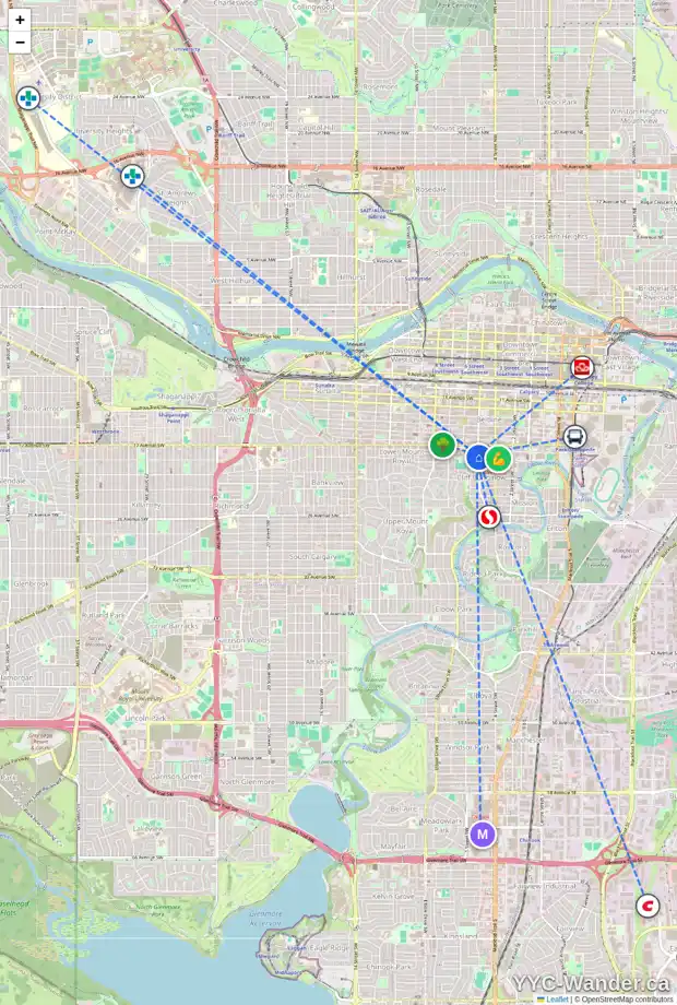 Daily accessibility map for 1809 5 ST SW, Calgary showing nearby schools, grocery stores, parks, LRT stations and nearby amenities