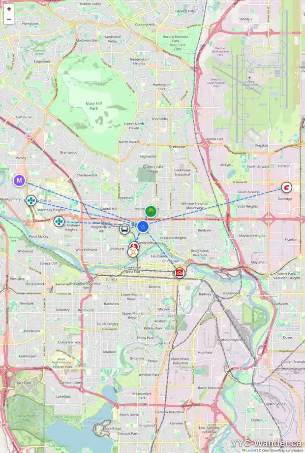 Daily accessibility map for 1415 7A ST NW, Calgary showing nearby schools, grocery stores, parks, LRT stations and nearby amenities