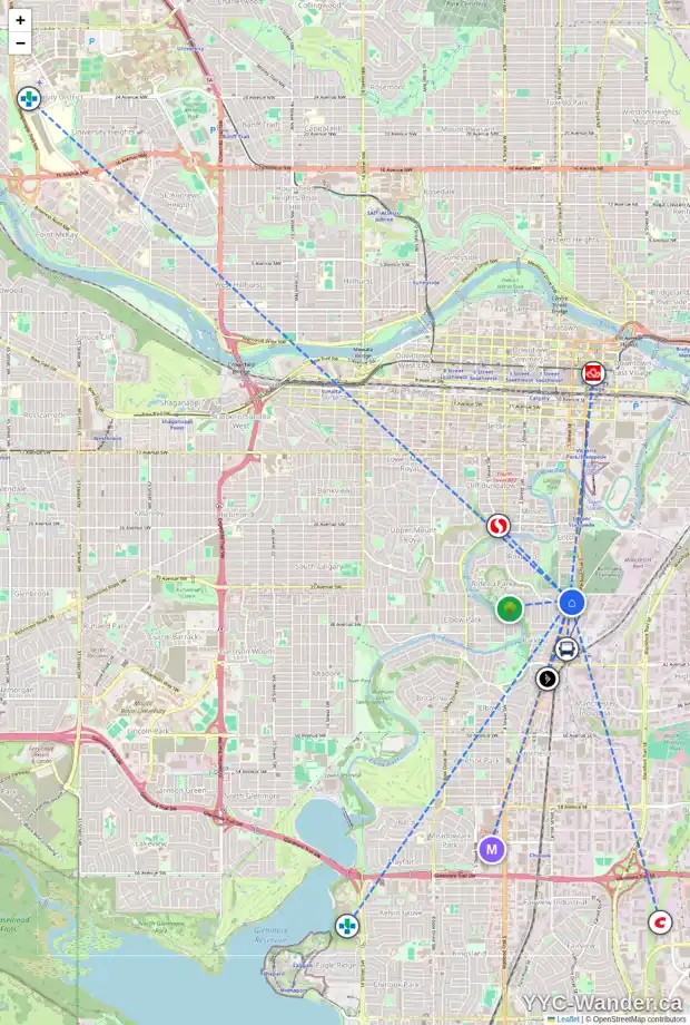 Daily accessibility map for 3616 ERLTON CO SW, Calgary showing nearby schools, grocery stores, parks, LRT stations and nearby amenities