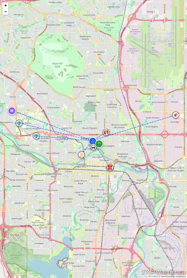 Daily accessibility map for 615 ALEXANDER CR NW, Calgary showing nearby schools, grocery stores, parks, LRT stations and nearby amenities