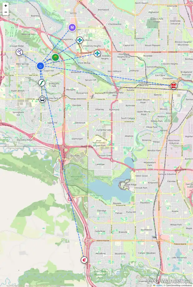 Daily accessibility map for 26 6841 COACH HILL RD SW, Calgary showing nearby schools, grocery stores, parks, LRT stations and nearby amenities