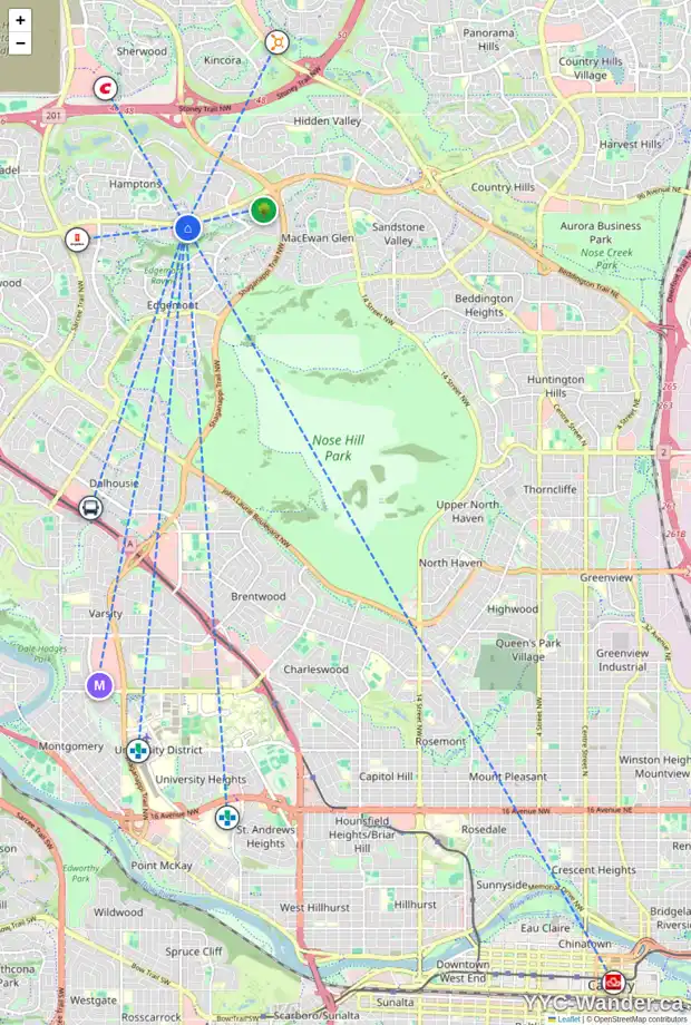 Daily accessibility map for 150 EDGERIDGE PA NW, Calgary showing nearby schools, grocery stores, parks, LRT stations and nearby amenities