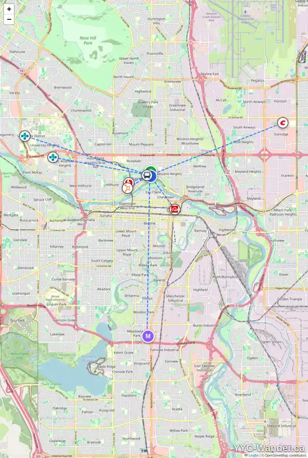 Daily accessibility map for 740 4A ST NW, Calgary showing nearby schools, grocery stores, parks, LRT stations and nearby amenities