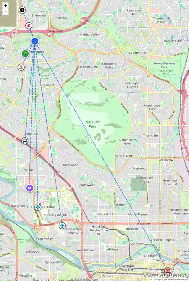 Daily accessibility map for 4547 HAMPTONS WY NW, Calgary showing nearby schools, grocery stores, parks, LRT stations and nearby amenities