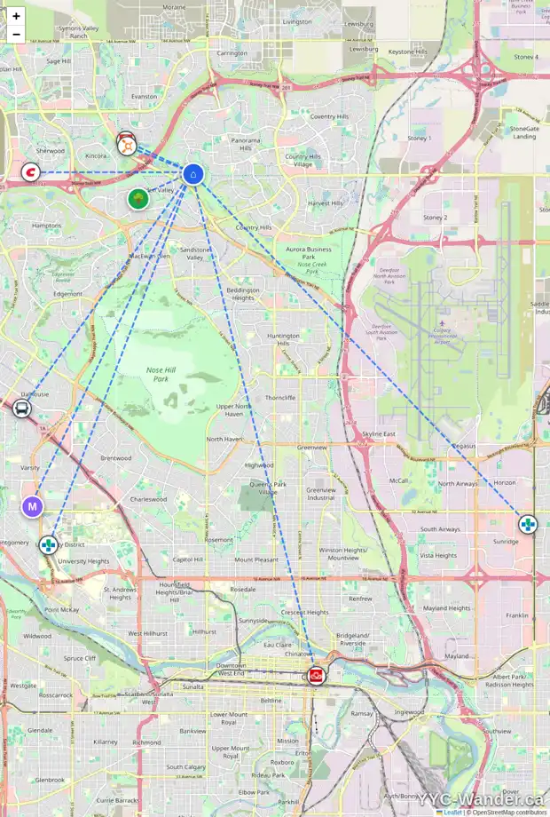 Daily accessibility map for 41 HIDDEN CREEK PA NW, Calgary showing nearby schools, grocery stores, parks, LRT stations and nearby amenities