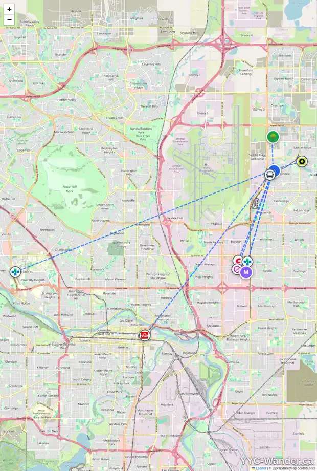 Daily accessibility map for 57 MARTHA'S HAVEN GR NE, Calgary showing nearby schools, grocery stores, parks, LRT stations and nearby amenities