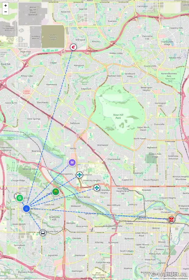Daily accessibility map for 525 WENTWORTH PL SW, Calgary showing nearby schools, grocery stores, parks, LRT stations and nearby amenities